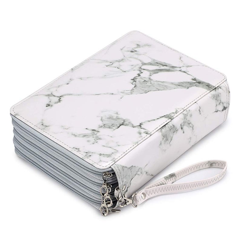BTSKY 200 Slots Colored Pencil Organizer - Deluxe PU Leather Pencil Case Holder With Removal Handle Strap Pencil Box Large for Colored Pencils Watercolor Pencils White Marble - Image 1